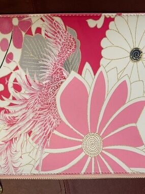 CHICO’s Pink & Gold Floral Print clutch, 7.5 x 9.5” w/strap, orig $39.50 new!!